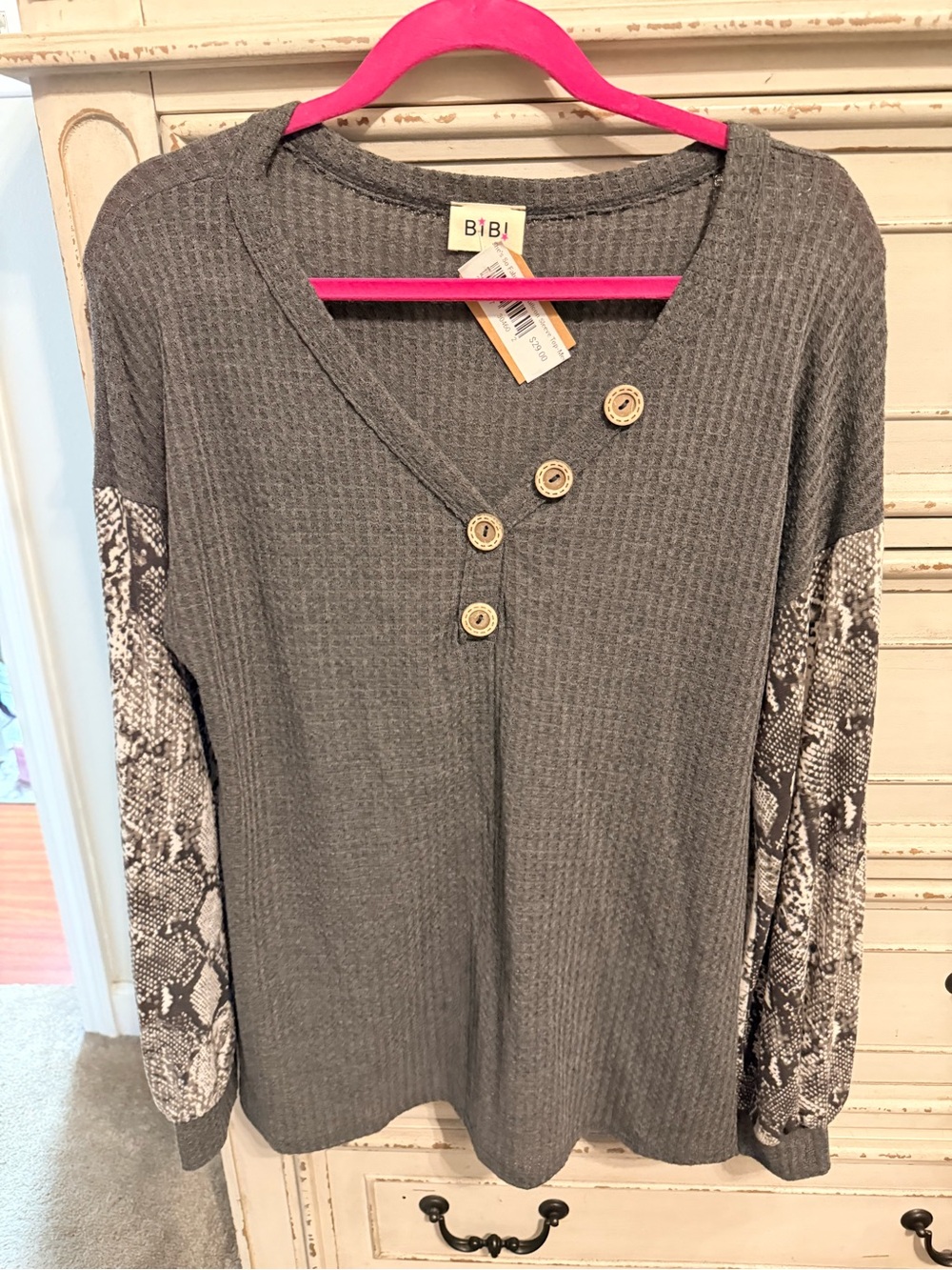 BiBi Gray Waffle Knit Long Sleeve Top with Snake-Print Sleeves